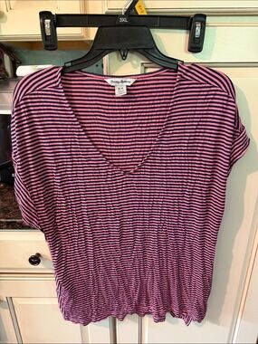 Tommy Bahama Pink and Navy Striped V-Neck Tee
